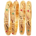 thumbnail image 1 of Sunsoul by Touchstone "Golden Bangle Collection" Indian Bollywood Beautifully Carved Conch Shell Inspired Faux Ruby Emerald Thick Designer Jewelry Bangle Bracelets. Set of 4. In Gold Tone For Women, 1 of 5