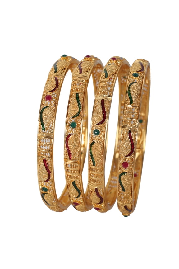 By Touchstone "Golden Bangle Collection" Indian Bollywood Carved Conch Shell Inspired Faux Ruby Emerald Thick Designer Large Size Jewelry Bangle Bracelet. Set of 4. In Gold Tone For Women