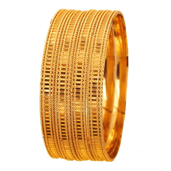 Sunsoul by Touchstone "Golden Bangle Collection" Indian Bollywood Desire Brass Laser Cut Etching Work Fine Jewelry Designer Bangle Bracelets Set Of 4 In Gold Tone For Women.