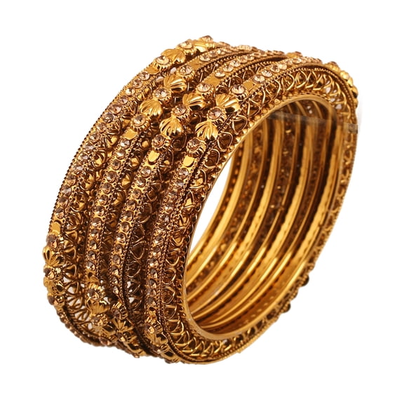 Sunsoul by Touchstone "Golden Bangle Collection" Indian Bollywood Ethnic Filigree Yellow Rhinestone Designer Jewelry Metal Bangle Bracelets In Antique Gold Tone For Women. Set Of 4.
