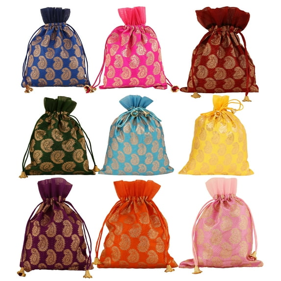 Sunsoul by Touchstone Gorgeous Indian Traditional Paisley Brocade Large Drawstring Large Bags Pouches Potli For Gift Wedding Jewelry Packaging Bridal Party Favors Assorted Colors Set Of 9 For Women.