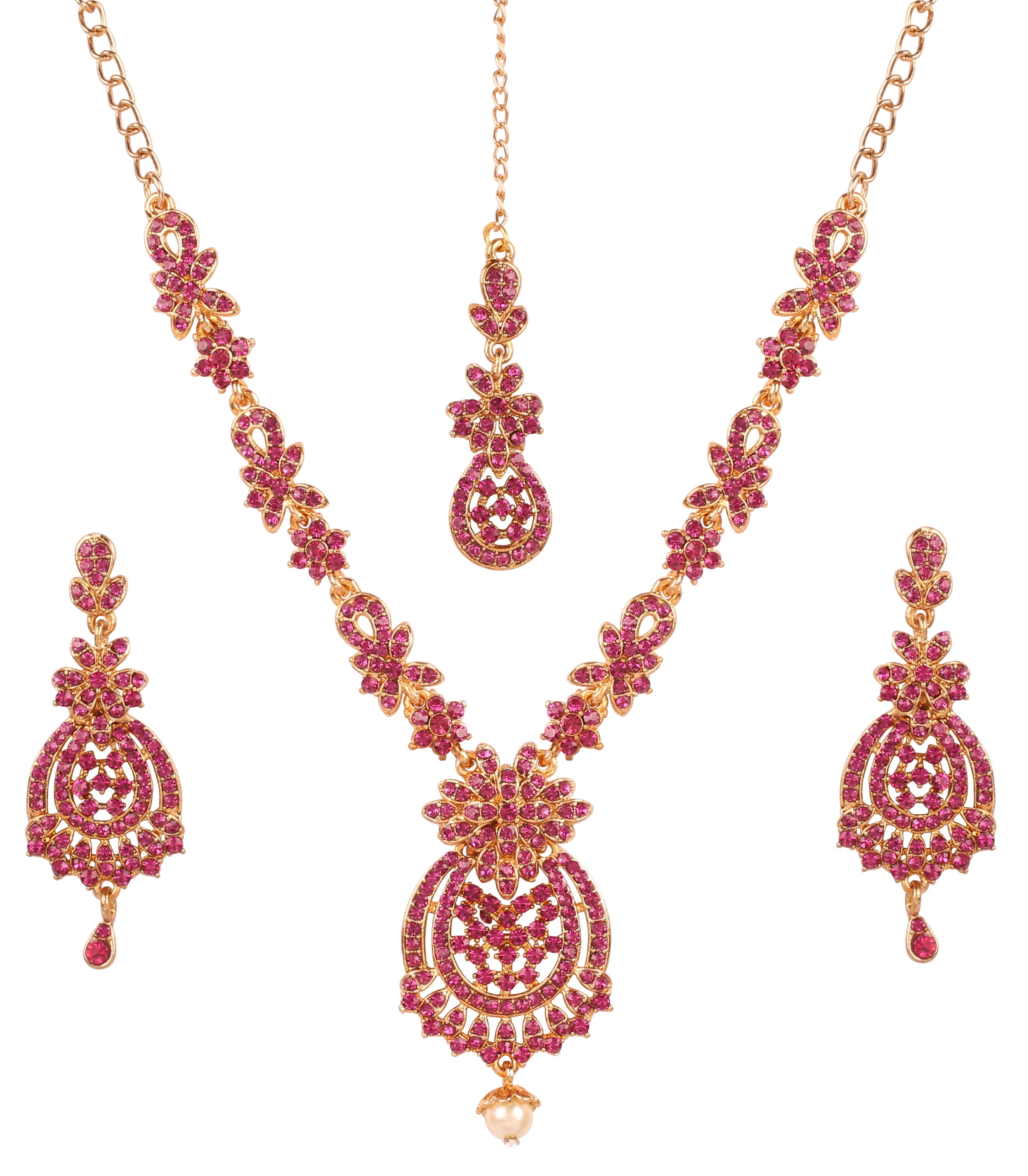 Sunsoul by Touchstone Indian Bollywood Floral Inspired Red Rhinestones  Designer Bridal Jewelry Necklace Set For Women in Antique Gold Tone.