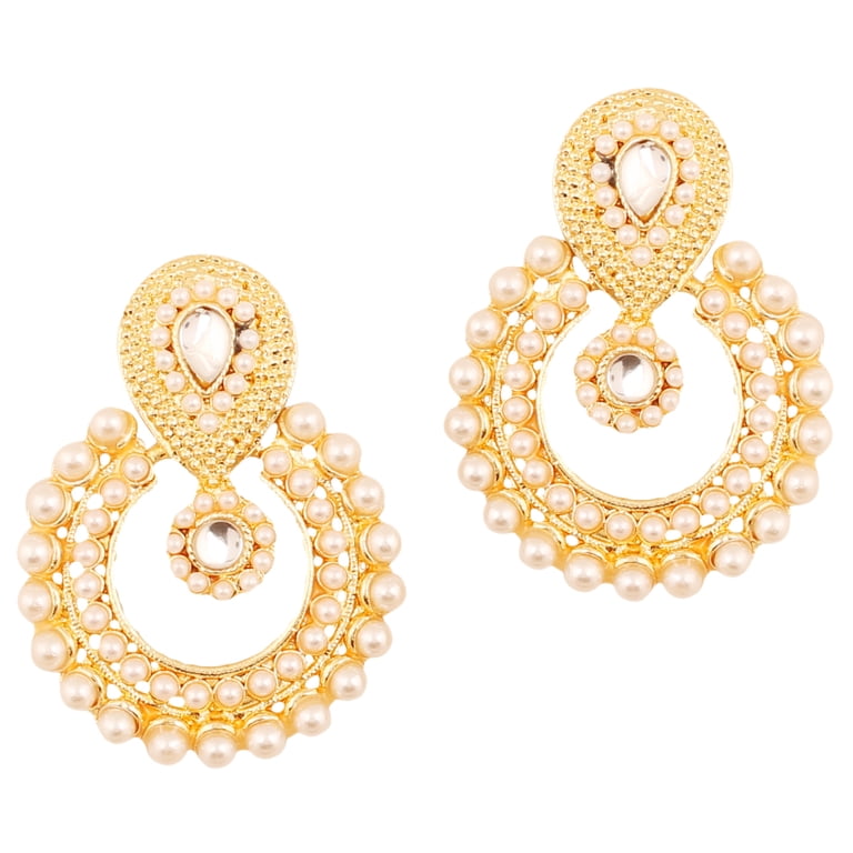Indian Bollywood Chandbali Earrings - Gold Tone Kundan Polki With Faux Pearls & Pink Sapphire