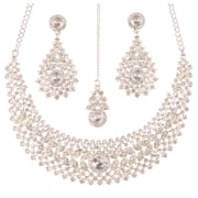 Sunsoul by Touchstone Indian Bollywood Charm Handcrafted Studded Diamond Look Rhinestone Exemplary Stylish Designer Jewelry Bridal Hasli Necklace Mangtika Set In Silver Tone For Women.