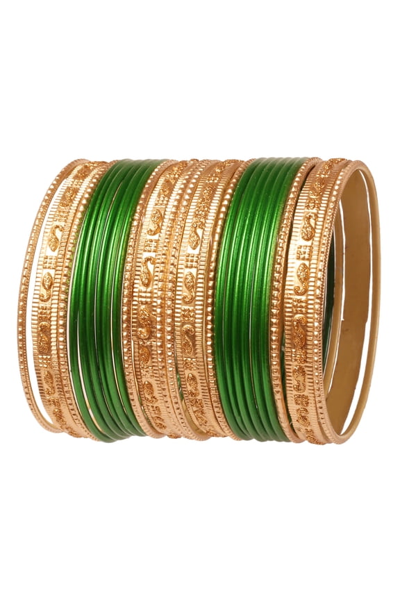 by Touchstone Indian Bollywood "Colorful 2 Dozen Bangle Collection" Golden Glitters Textured Green Color Large Size Designer Jewelry Special Bangle Bracelets Set Of 24 In Gold Tone For Women.
