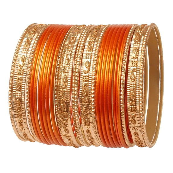 Sunsoul by Touchstone Indian Bollywood "Colorful 2 Dozen Bangle Collection" Golden Glitters Textured Orange Color Large Size Designer Jewelry Special Bangle Bracelets Set Of 24 In Gold Tone For Women