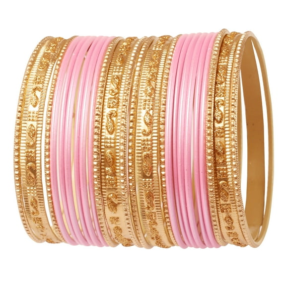 Sunsoul by Touchstone Indian Bollywood "Colorful 2 Dozen Bangle Collection" Golden Glitters Textured Pink Color Large Size Designer Jewelry Special Bangle Bracelets Set Of 24 In Gold Tone For Women.
