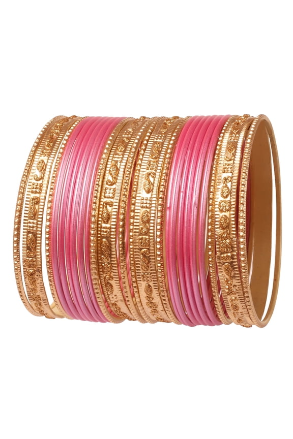 by Touchstone Indian Bollywood "Colorful 2 Dozen Bangle Collection" Golden Glitters Textured Pink Color Large Size Designer Jewelry Special Bangle Bracelets Set Of 24 In Gold Tone For Women.