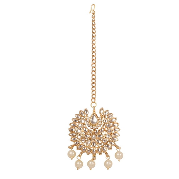 Sunsoul by Touchstone Indian Bollywood "Cotemporary Kundan Collection" Traditional Chaandbaali Motif Mughal Kundan Faux Pearls Hangings Head Enhancing Bridal Mangtika In Antique Gold Tone For Women.