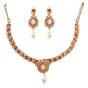 Sunsoul by Touchstone Indian Bollywood Desire Ethnic South India Style Studded Look Faux Pearls Designer Jewelry Sleek Necklace Set In Antique Gold Tone For Women.