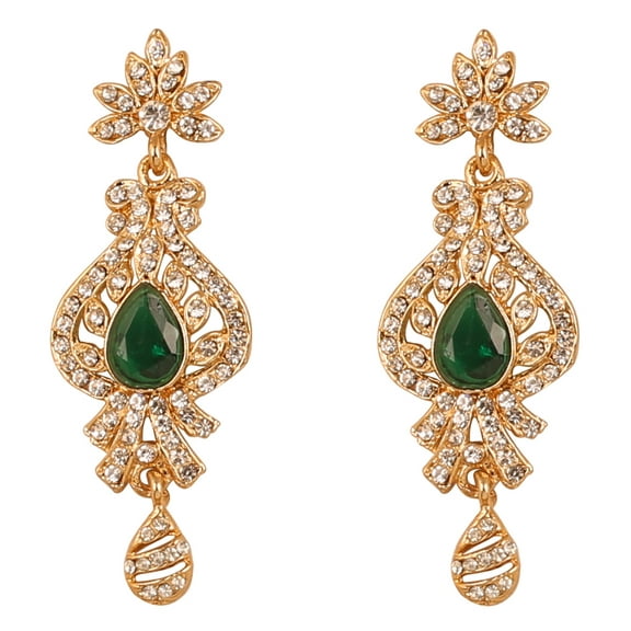 Sunsoul by Touchstone Indian Bollywood Desire Traditional Indian Peacock Motif Faceted Faux Emerald White Rhinestones Grand Designer Bridal Jewelry Chandelier Earrings In Gold Tone For Women.
