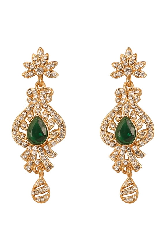by Touchstone Indian Bollywood Desire Traditional Indian Peacock Motif Faceted Faux Emerald White Rhinestones Grand Designer Bridal Jewelry Chandelier Earrings In Gold Tone For Women.