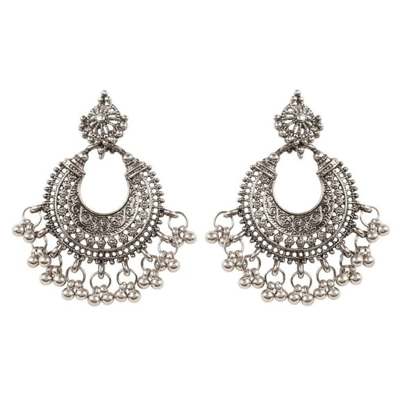 Sunsoul by Touchstone Indian Bollywood Desire Tribal Boho Chic Moon Chandbaali Theme Metal Beads Hangings Designer Jewelry Earrings In Oxidized Silver Tone For Women.