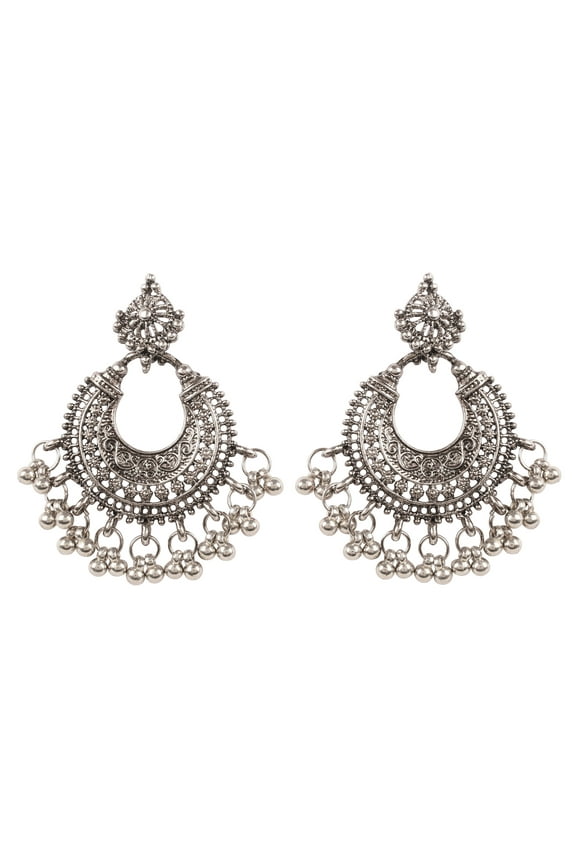 by Touchstone Indian Bollywood Desire Tribal Boho Chic Moon Chandbaali Theme Metal Beads Hangings Designer Jewelry Earrings In Oxidized Silver Tone For Women.