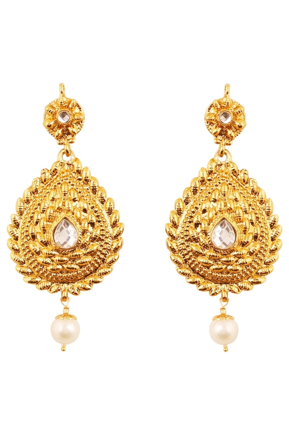 by Touchstone Indian Bollywood Ethnic And Classy Heavy Designer Jewelry Long Chandelier Earrings Embellished With Kundan Polki Look Stones For Women In Antique Gold Tone.