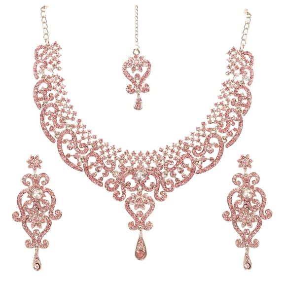 Sunsoul by Touchstone Indian Bollywood Fine Filigree Studded Look Pink Sparkling Rhinestone Grand Bridal Jewelry Necklace Set In Silver Tone For Women.