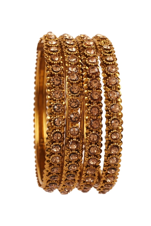 by Touchstone Indian Bollywood Fine Workmanship Peeled Metal Citrine Rhinestones Designer Jewelry Bracelets Bangle Set Of 4 In Antique Gold Tone For Women.