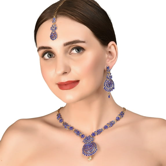 Sunsoul by Touchstone Indian Bollywood Floral Inspired Faux Blue Sapphire Rhinestones Designer Bridal Jewelry Necklace Set For Women in Antique Gold Tone.