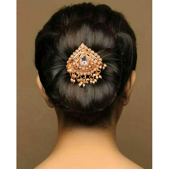 Sunsoul by Touchstone Indian Bollywood Impressive Studded Look Fine Grain Work White Rhinestone Beads Designer Bridal Jewelry Hair Accessory Jurapin In Gold Tone For Women.