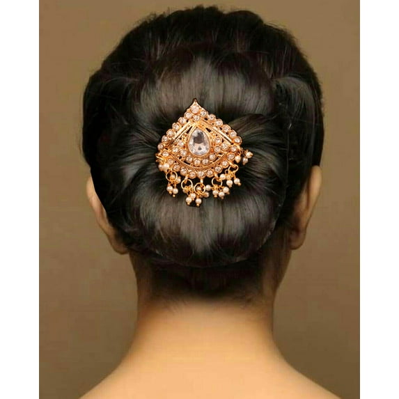 Sunsoul by Touchstone Indian Bollywood Impressive Studded Look Fine Grain Work White Rhinestone Beads Designer Bridal Jewelry Hair Accessory Jurapin In Gold Tone For Women.