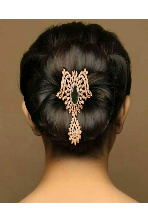 by Touchstone Indian Bollywood Impressive Style Fine Filigree Faux Emerald White Rhinestone Designer Bridal Jewelry Hair Accessory Jurapin In Gold Tone For Women.