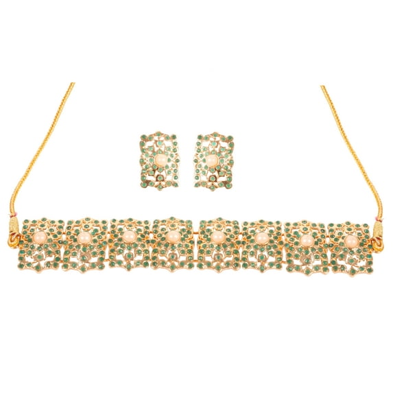 Sunsoul by Touchstone Indian Bollywood Mughal Era Inspired Mesh Work Faux Pearls Emerald Studded Look Designer Jewelry Chicpatti Necklace Set In Gold Tone For Women.