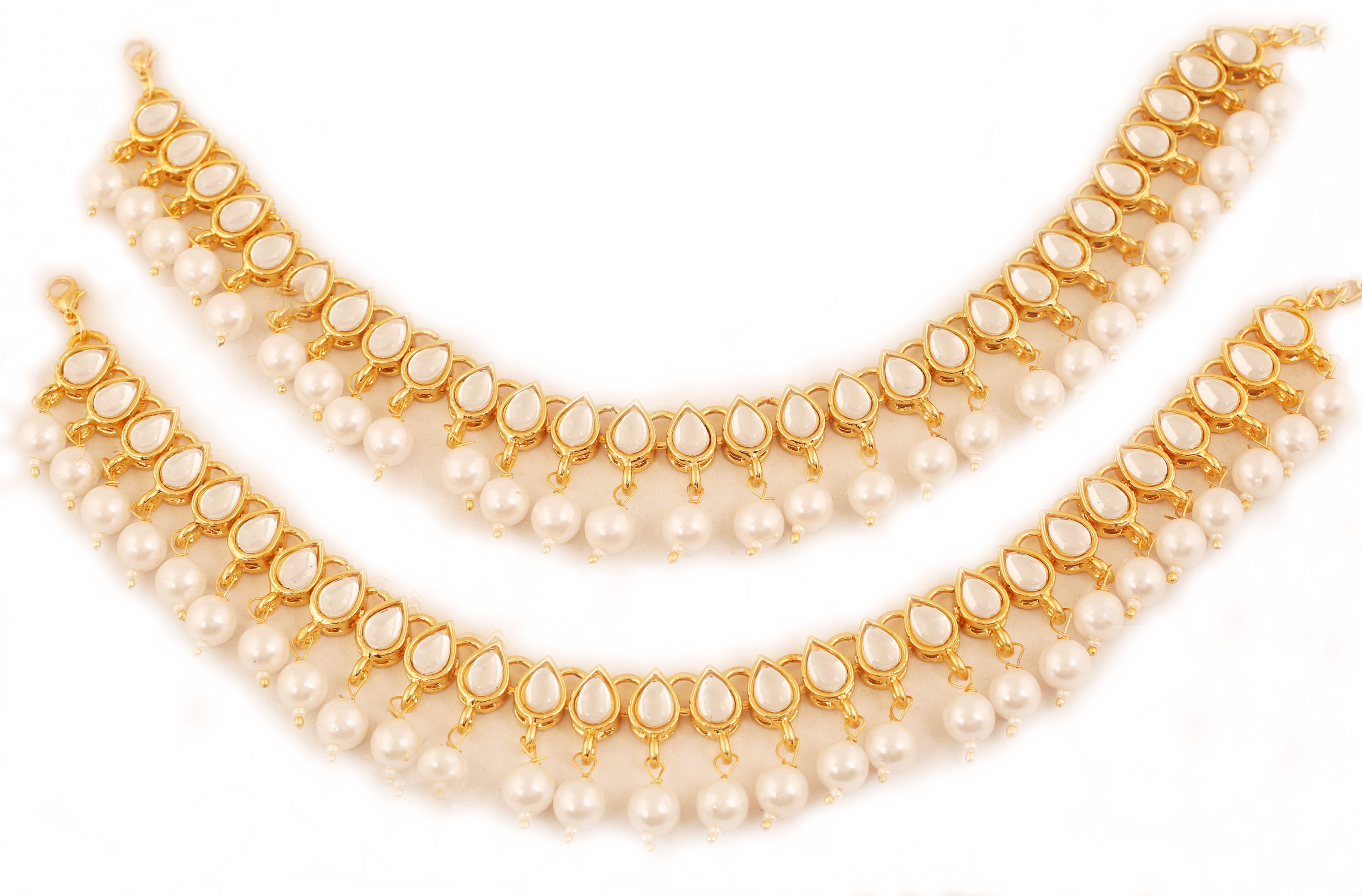 New! Touchstone Indian Bollywood Mughal Era Inspired Stylish Traditional Kundan Look Faux Pearls Hangings Designer Jewelry Wedding Payal Paazeb Pair of Anklets in Antique Gold Tone for Women
