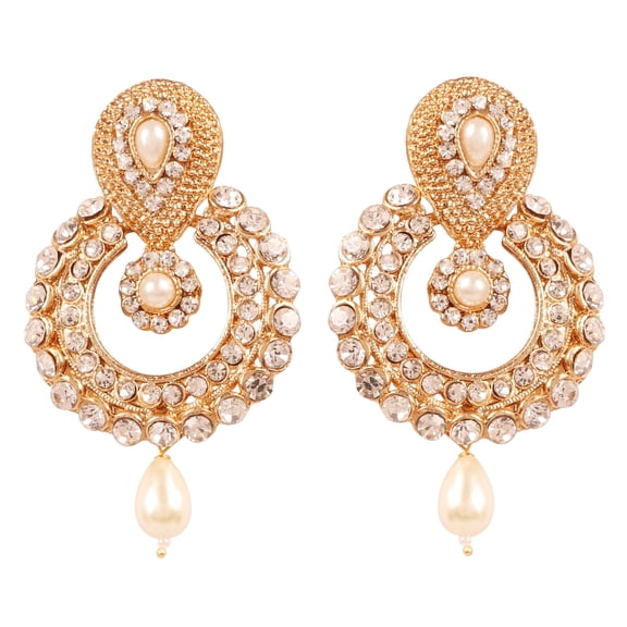 Sunsoul by Touchstone Indian Bollywood Rich Beautiful Contemporary Studded Look White Rhinestone Faux Ruby Glass Drops Chaand Moon Inspired Designer Jewelry Earrings In Antique Gold Tone For Women.