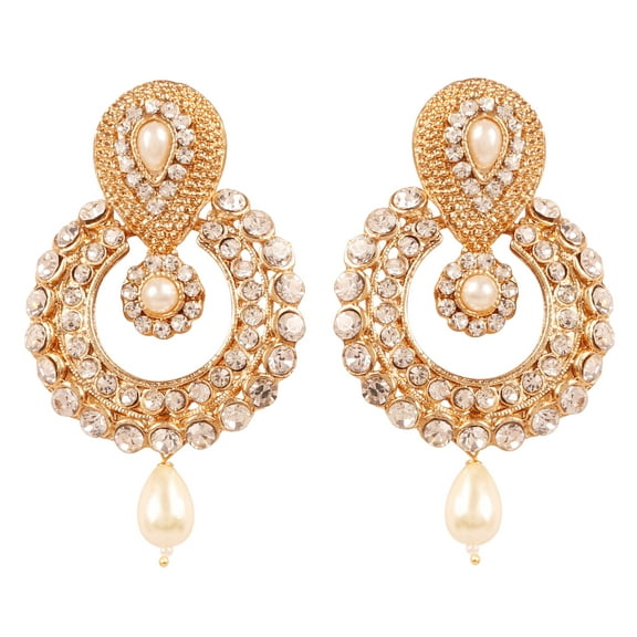 Sunsoul by Touchstone Indian Bollywood Rich Beautiful Contemporary Studded Look White Rhinestone Faux Ruby Glass Drops Chaand Moon Inspired Designer Jewelry Earrings In Antique Gold Tone For Women.
