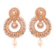 Sunsoul by Touchstone Indian Bollywood Rich Beautiful Contemporary Studded Look White Rhinestone Faux Ruby Glass Drops Chaand Moon Inspired Designer Jewelry Earrings In Antique Gold Tone For Women.