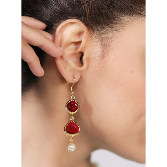 Sunsoul by Touchstone Indian Bollywood Square And Heart Shape Red Faux Ruby Faux Pearls Exclusive Designer Jewelry Hanging Earrings In Gold Tone For Women.
