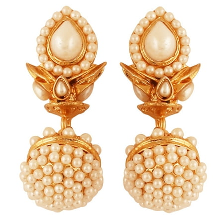 Sunsoul by Touchstone Indian Bollywood Studded Look Intricate Drum Design Faux Pearls Designer Jewelry Jhumki Earrings In Antique Gold Tone For Women.
