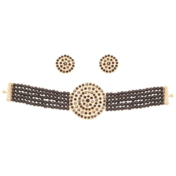 Sunsoul by Touchstone Indian Bollywood Traditional Faux Studded Look Faux Black Onyx Onyx And Black Beads Strands Grand Designer Jewelry Choker Necklace Set In Gold Tone For Women.
