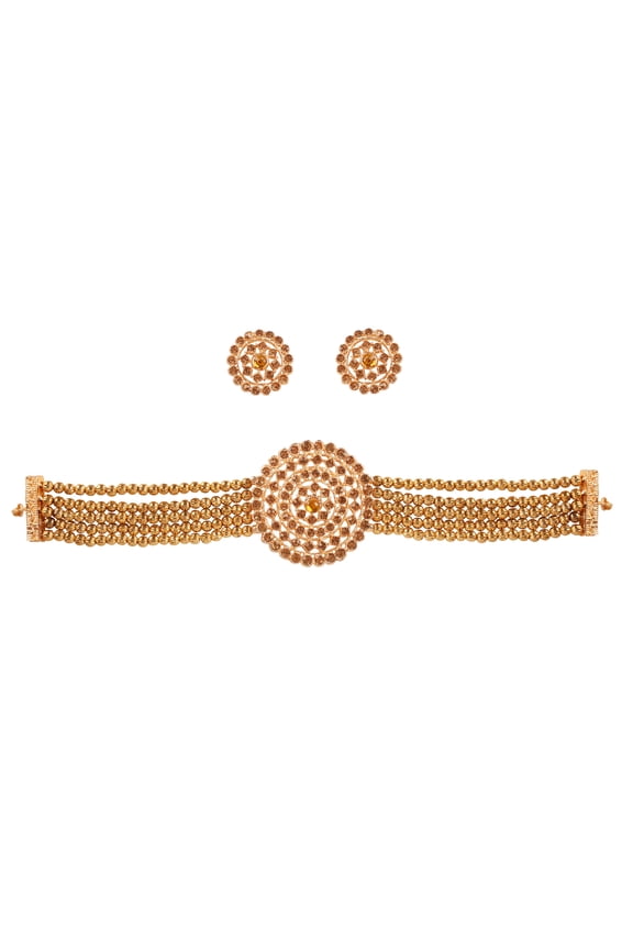 by Touchstone Indian Bollywood Traditional Glittering Rhinestone Gold Strands Grand Designer Jewelry Choker Necklace Set In Gold Tone For Women.