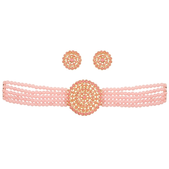 Sunsoul by Touchstone Indian Bollywood Traditional Glittering Rhinestone Light Pink Strands Grand Designer Jewelry Choker Necklace Set In Gold Tone For Women.