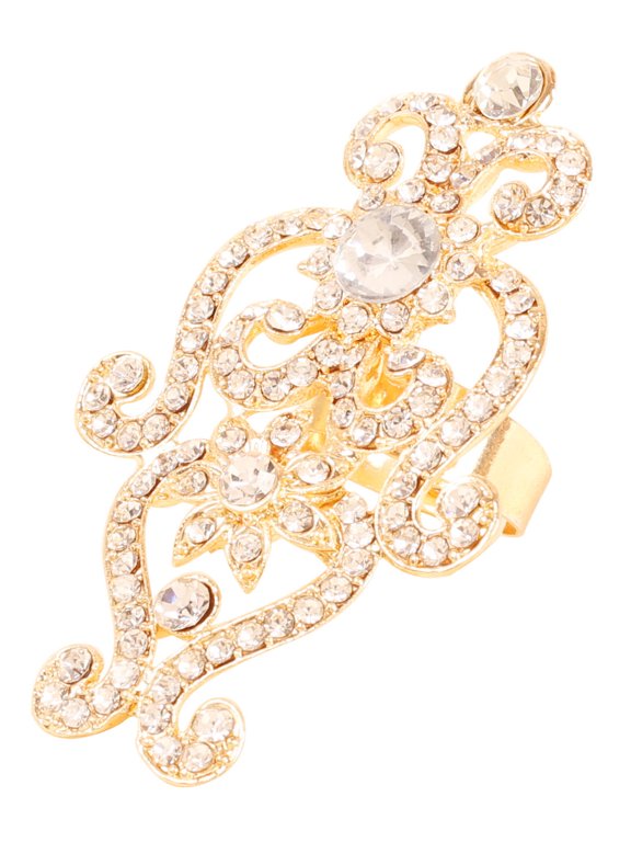 by Touchstone Indian Bollywood Traditional Pretty Filigree Rajwada Studded Look Rhinestones Adjustable Designer Wedding Jewelry Cocktail Ring In Gold Tone For Women.