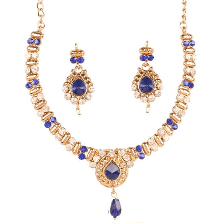 Sunsoul by Touchstone Indian Bollywood Traditional Studded Look Rhinestone Faux Blue Sapphire Drops Designer Jewelry Necklace Set In Antique Gold Tone For Women.