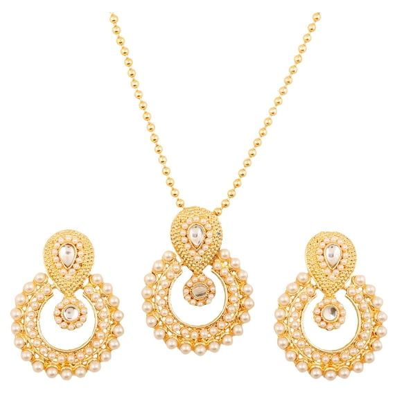 Sunsoul by Touchstone Indian Bollywood elite Mughal Kundan polki look Chandbali Moon faux pearls bridal designer jewelry pendant set for women in gold tone