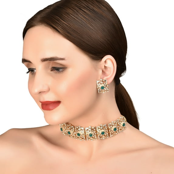 Sunsoul by Touchstone "Mughal Jali collection" Indian Bollywood Mughal Era Inspired Choker With Faux Emerald, Pearls And Rhinestone Bridal Designer Jewelry Necklace Set In For Women In Gold Tone.