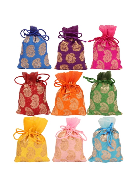 by Touchstone New Gorgeous Indian Traditional Leaf Printed Bags Pouches Potli For Gift Wedding Jewelry Packaging Bridal Party Favors Assorted Colors Set Of 9 For Women.