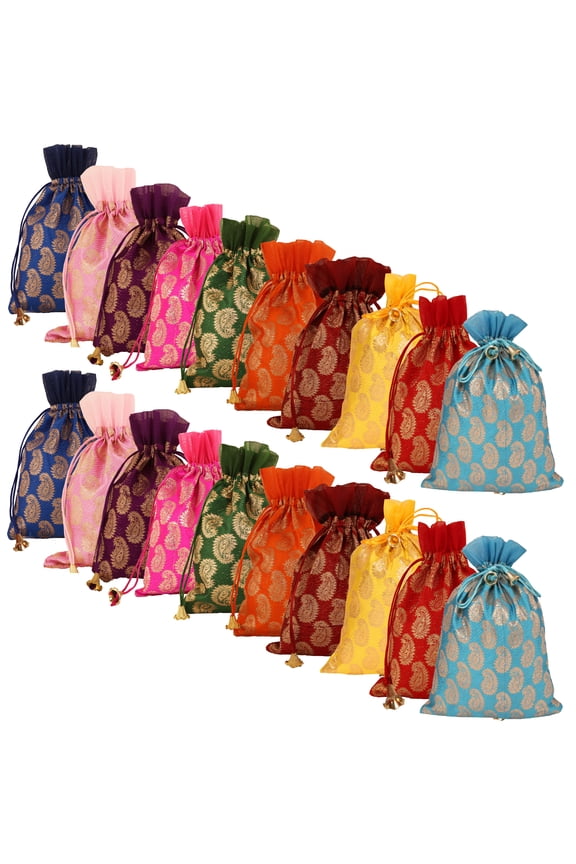 by Touchstone New Gorgeous Indian Traditional Paisley Brocade Large Drawstring Bags Pouches Potli For Gift Wedding Jewelry Packaging Bridal Party Favors Assorted Colors Set Of 20 For Women.