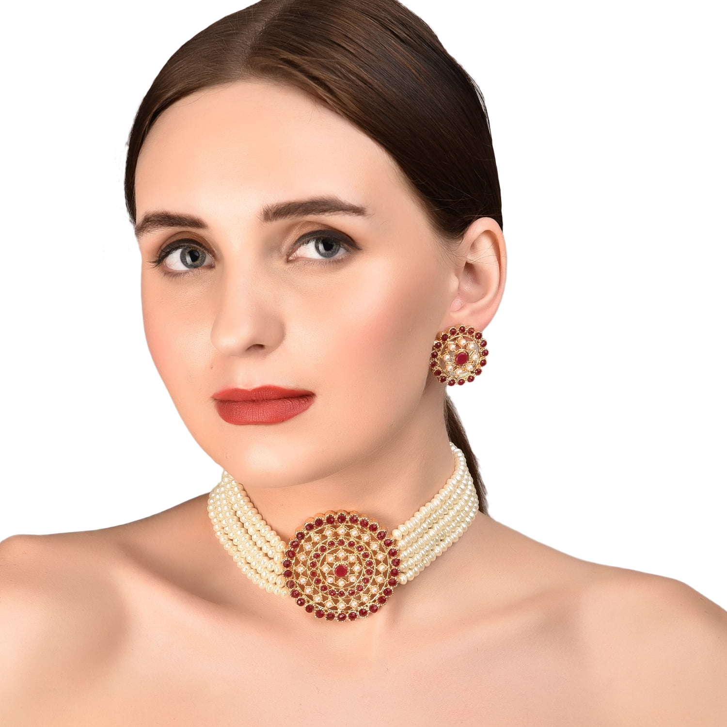 Sunsoul by Touchstone Padmavati Collection Indian Bollywood Traditional Faux Ruby And Faux Pearls Grand Designer Jewelry Choker Necklace Set In Antique Gold Tone For Women. Walmart