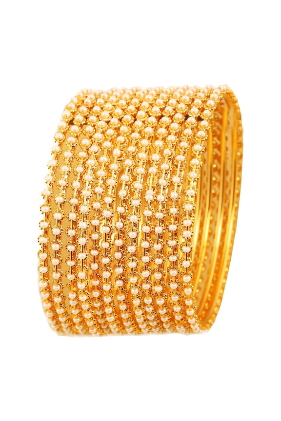 by Touchstone "Pearl Bangle Collection". Indian Bollywood Traditional Thin Designer Jewelry Bangle Bracelets Embellished With Faux Pearls. Set of 12. In Antique Gold Tone For Women.