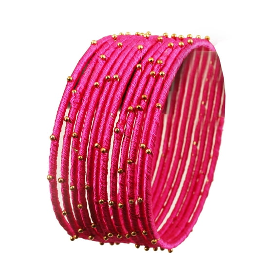 Sunsoul by Touchstone "Silk Thread Bangle Collection" Indian Bollywood Handcrafted Faux Silk Thread Exotic Look Golden Beads Fuchsia Designer Bangle Bracelets Set of 12 For Women.