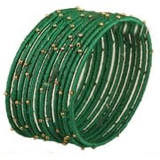 Sunsoul by Touchstone "Silk Thread Bangle Collection" Indian Bollywood Handcrafted Faux Silk Thread Green Golden Beads Bangle Jewelry For Women In Antique Gold Tone. Set of 12.