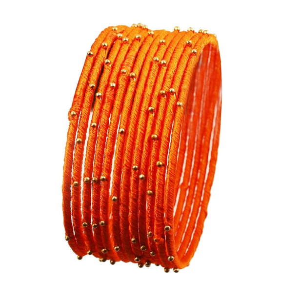 Sunsoul by Touchstone "Silk Thread Bangle Collection" Indian Bollywood Handcrafted Faux Silk Thread Exotic Look Golden Beads Carrot Orange Designer Bangle Bracelets Set of 12 For Women.