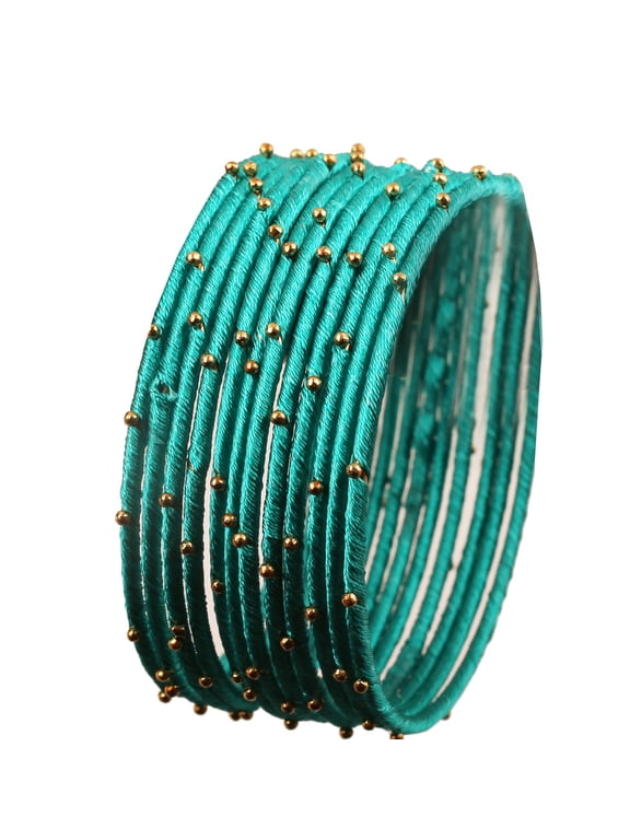 by Touchstone "Silk Thread Bangle Collection" Indian Bollywood Handcrafted Faux Silk Thread Exotic Look with Golden Beads Dark Designer Bangle Bracelets Set of 12 For Women.