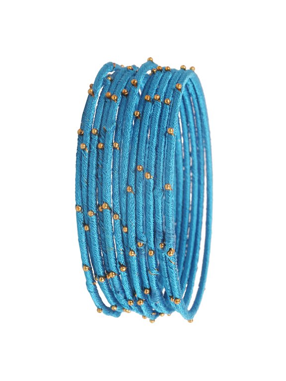 By Touchstone "Silk Thread Bangle Collection" Indian Bollywood Handcrafted Faux Silk Thread Exotic Look with Golden Beads Egyptian Blue Designer Bangle Bracelets Set of 12 For Women.