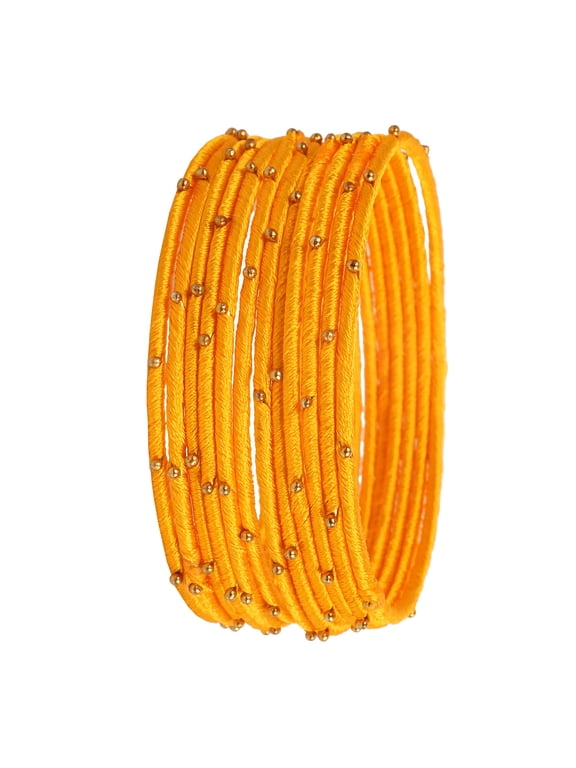 By Touchstone "Silk Thread Bangle Collection" Indian Bollywood Handcrafted Faux Silk Thread Exotic Look with Golden Beads Turmeric Designer Bangle Bracelets Set of 12 For Women.