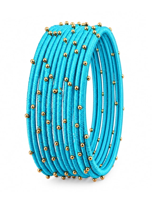 By Touchstone "Silk Thread Bangle Collection" Indian Bollywood Handcrafted Faux Silk Thread Exotic Look Handcrafted Golden Beads Turquoise Blue Designer Bangle Bracelets Set of 12 For Women.